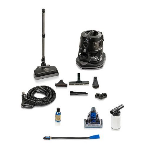 Reconditioned Rainbow E2 Black Model Type 12 bagless canister vacuum cleaner with black water filtration canister, electric power nozzle, hose, wands, and cleaning accessories displayed together.