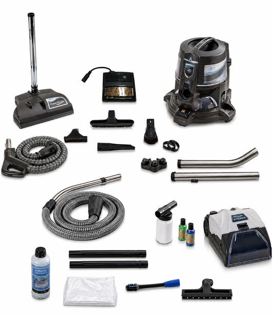 Reconditioned Genuine Rainbow E Series E2 Blue 2-speed vacuum cleaner with blue water filtration canister, electric power nozzle, hose, extension wands, and cleaning accessories displayed together.