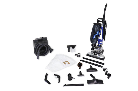 Reconditioned Kirby Avalir 2 upright vacuum cleaner with HEPA filtration, self-propelled drive, carpet nozzle, and cleaning attachments.