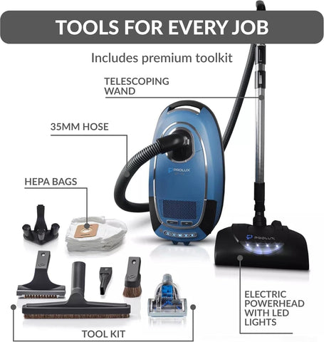 Prolux QX90 Bagged Canister Best Rated HEPA Vacuum with Powerhead for Home