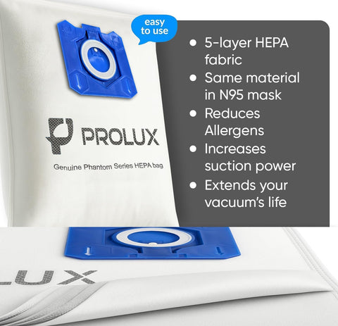 6 Pack of HEPA Bags and 2 Post Filters for the Prolux Phantom and TerraVac Canister Vacuum Cleaners