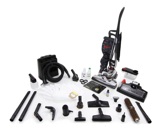Reconditioned Kirby Avalir upright vacuum cleaner with cleaning head, outer cloth bag, hose, extension wands, tool caddy, and complete home cleaning attachments displayed together.