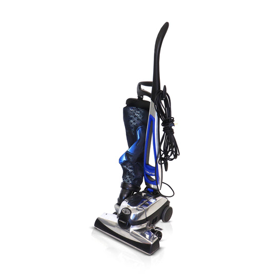 Reconditioned Kirby Avalir 2 upright vacuum cleaner featuring the motor unit, outer cloth bag, carpet nozzle, TechDrive controls, and HEPA filtration system for home cleaning.