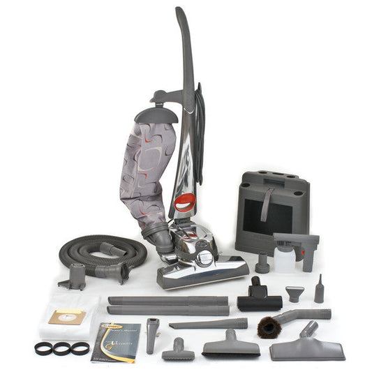 Reconditioned Kirby Sentria upright vacuum cleaner featuring the motor unit, outer cloth bag, TechDrive self-propelled controls, carpet nozzle, and upright cleaning design.