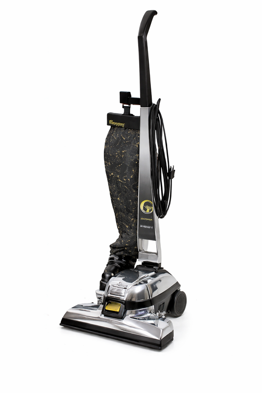 Refurbished Kirby G6 upright vacuum cleaner with outer cloth bag, carpet cleaning head, self-propelled system, hose, and cleaning accessories displayed together.