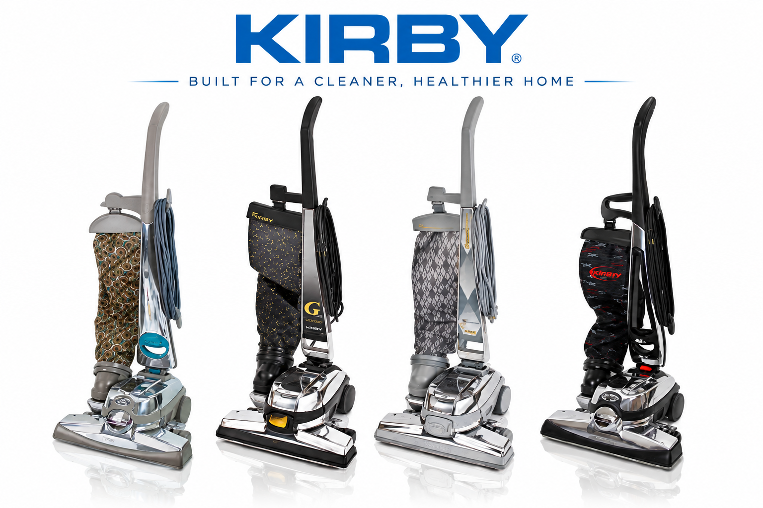 Four Kirby upright vacuum cleaners in different carpet textures and colors, lined up side-by-side on a white background with the Kirby logo at the top.