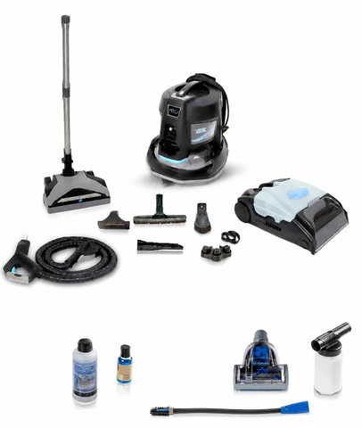 Refurbished Rainbow SRX vacuum cleaner displayed with water filtration basin, power head, hose, extension wand, floor cleaning nozzle, and accessory tools included for various household cleaning tasks.