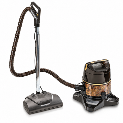 A wet/dry vacuum cleaner kit with a flexible hose, canister unit, multiple floor attachments, and metal extension tubes, displayed on a clean white background.