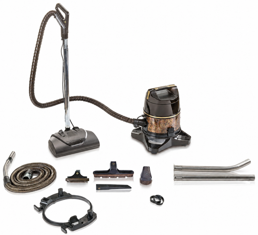 A wet/dry vacuum cleaner kit with a flexible hose, canister unit, multiple floor attachments, and metal extension tubes, displayed on a clean white background.