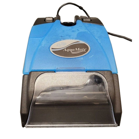 Rebuilt Genuine Rainbow Aquamate AM12 Silver Carpet Shampooer attachment with solution tank, electric brush roll, cleaning head, and connection components for Rainbow vacuum models.