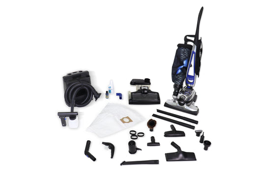 Reconditioned Kirby Avalir 2 upright vacuum cleaner with carpet cleaning head, outer cloth bag, TechDrive self-propelled system, hose, attachments, and complete cleaning accessory set displayed together.