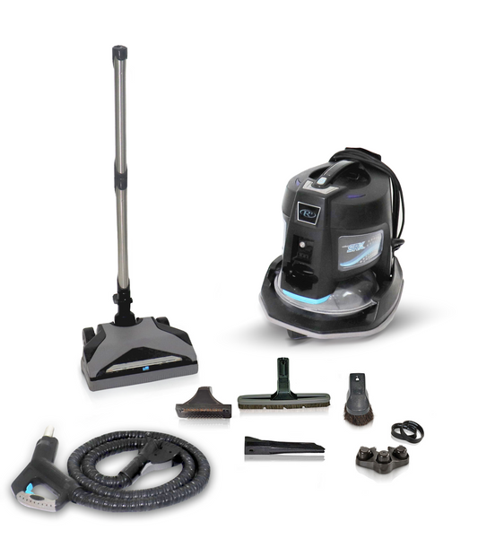 Refurbished Rainbow SRX 4-speed vacuum cleaner featuring a water filtration canister, motor unit, power nozzle, flexible hose, wand, and multiple cleaning attachments arranged for home cleaning use.