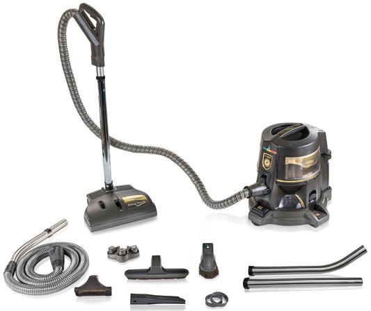 Reconditioned Genuine Rainbow E Series E2 Gold 2-speed vacuum cleaner with gold water filtration canister, electric power nozzle, hose, wands, and complete cleaning accessory bundle displayed together.
