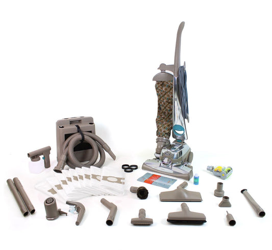 Reconditioned Kirby Sentria II upright vacuum cleaner with outer cloth bag, carpet cleaning nozzle, hose, attachments, and complete home cleaning accessories displayed together.