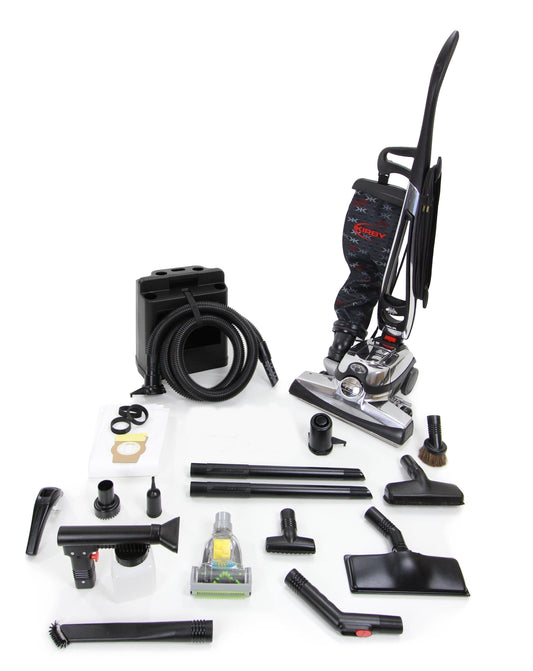 Refurbished Kirby Avalir 1 upright vacuum cleaner with carpet cleaning head, outer cloth bag, TechDrive self-propelled system, hose, and complete cleaning accessories displayed together.
