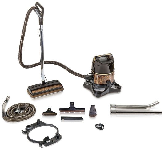 Reconditioned Genuine Rainbow SE bagless canister vacuum cleaner with water filtration canister, electric power nozzle, hoses, wands, and cleaning accessories displayed together.